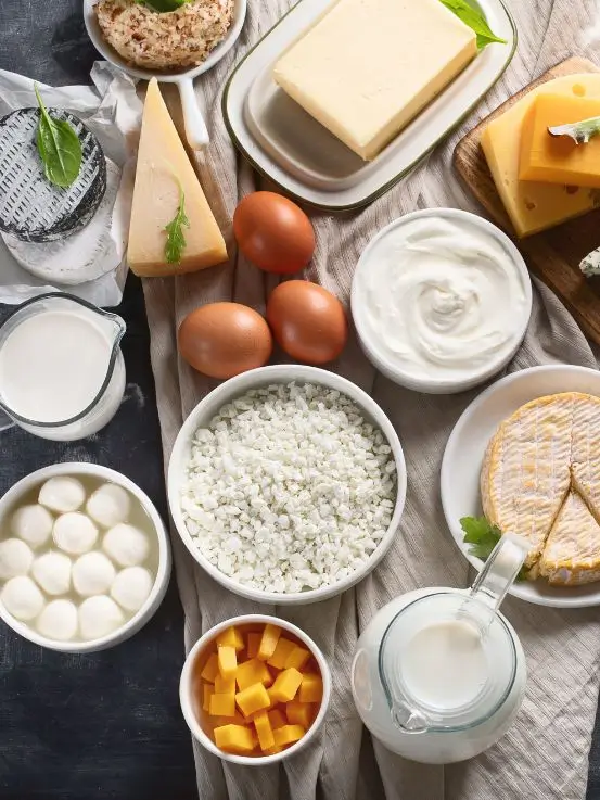 Kompozycja różnorodnych produktów nabiałowych i jaj rozłożonych na lnianej ściereczce: twaróg, mleko, masło, jogurt, sery dojrzewające, mozzarella, ser żółty w kostkach, jajka oraz parmezan. Obraz ukazuje naturalne składniki o wyjątkowych właściwościach, które nadają charakter wypiekom i innym potrawom