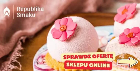 Reklamowy baner sklepu online Republika Smaku. Na pierwszym planie eleganckie deserowe ciasteczka w kształcie półkul, udekorowane różowymi kwiatami z masy cukrowej. Po prawej stronie przycisk z napisem: ‘Sprawdź ofertę sklepu online’. Baner zachęca do odwiedzenia sklepu z wyjątkowymi słodkościami.